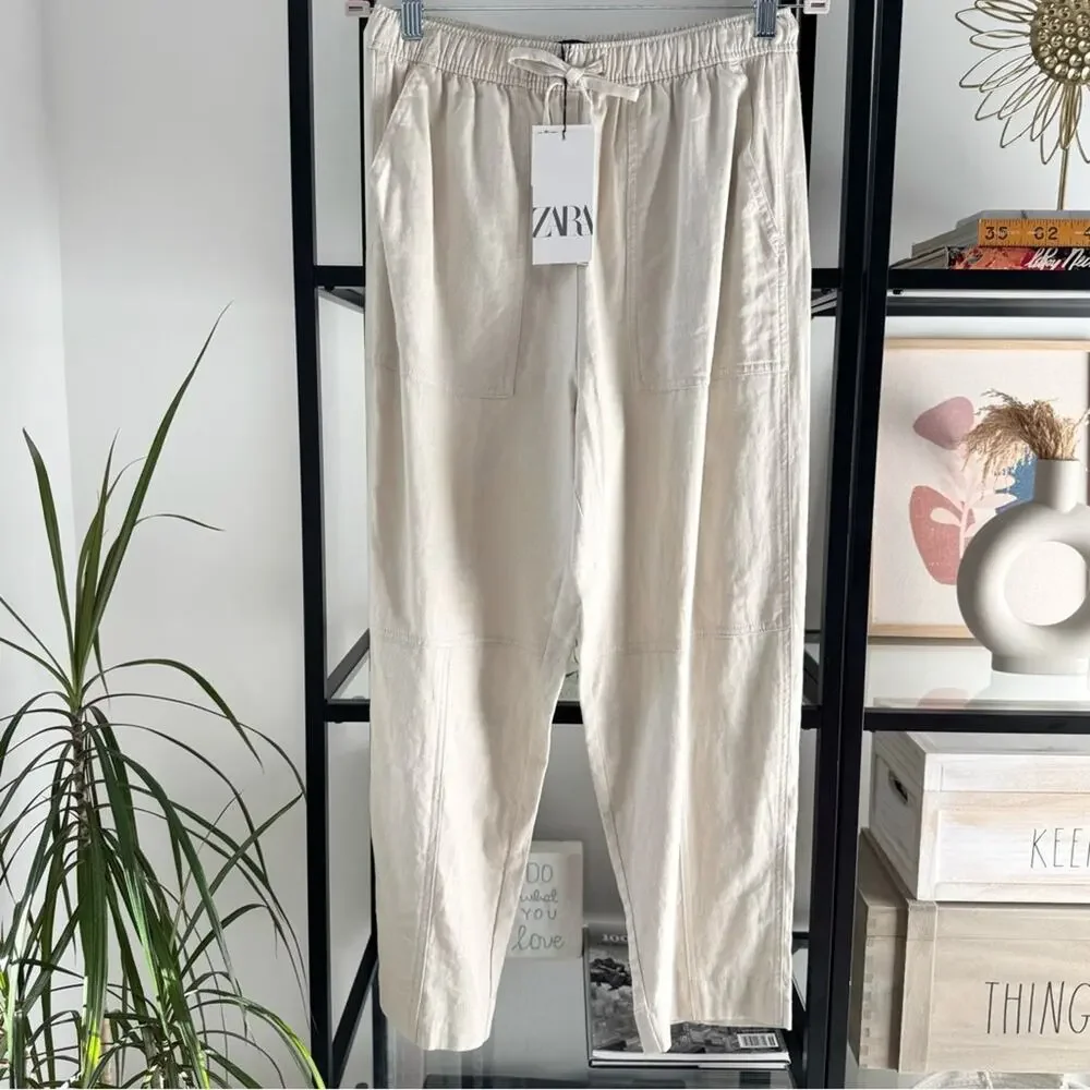 Zara Beige Oatmeal Linen Blend Tapered Leg High Rise Pants 25” Women’s Medium